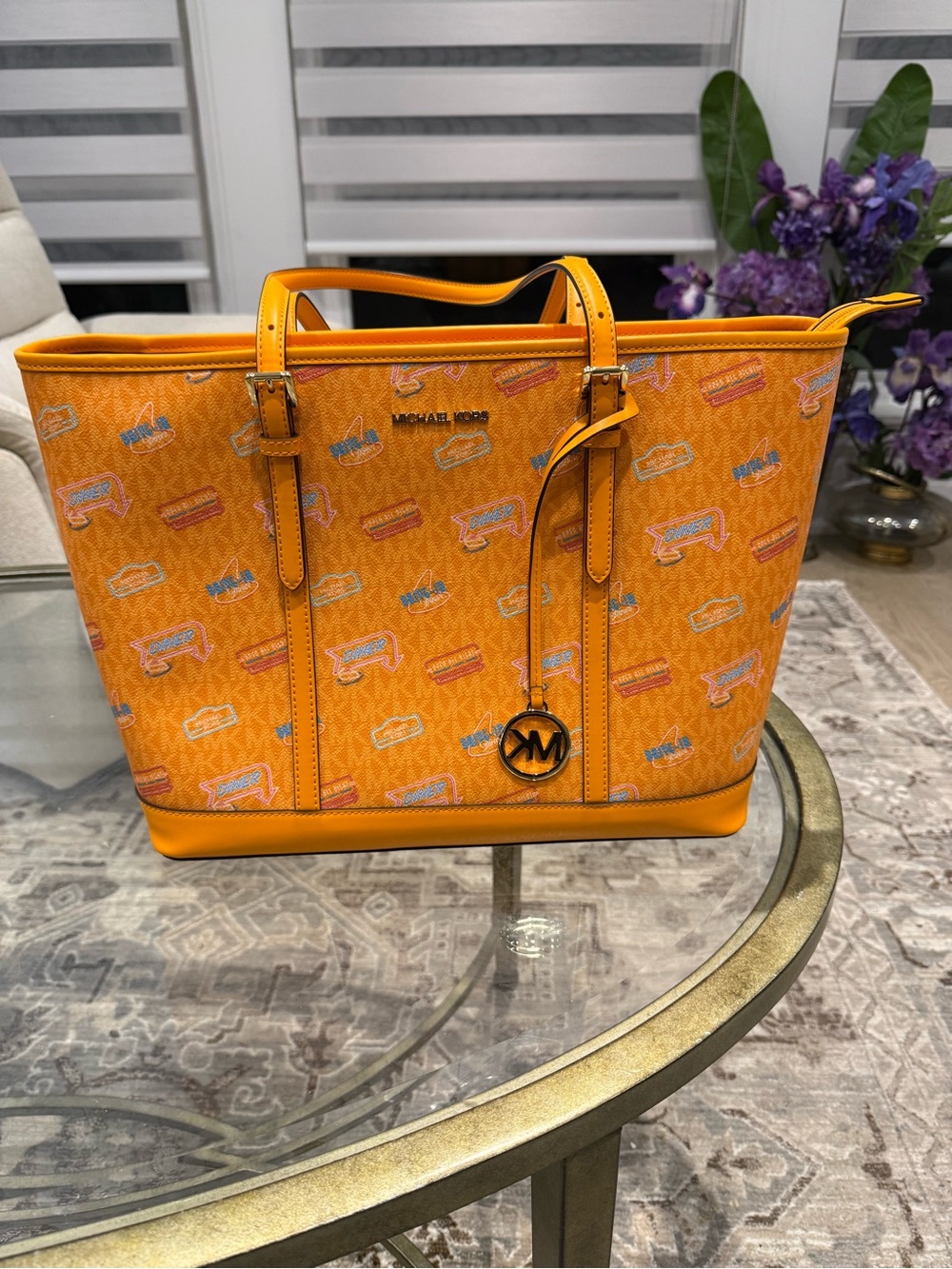 Michael Kors Orange Logo Printed Tote with MK Charm